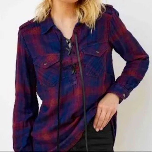 Vintage Y2K 90s Grunge Blank NYC Plaid Lace Up Flannel Tunic XS - Picture 1 of 12
